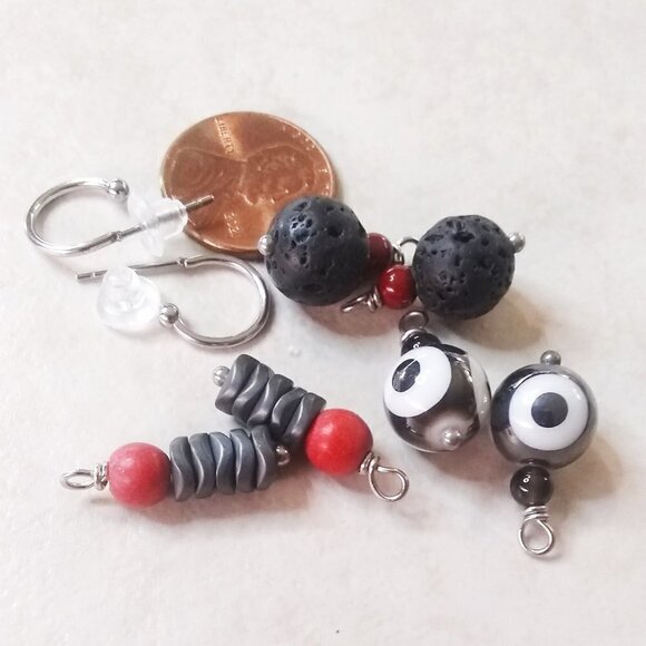 Interchangeable Earring Set - 3 Pairs! Black Gray & Red - Boho Goth Casual - Picture 1 of 6